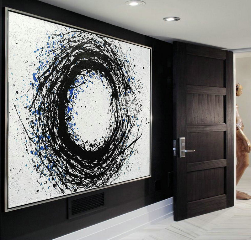Handmade Large Painting,Hand-Painted Black And White Minimal Painting On Canvas,Hand Paint Abstract Painting #D8C4
